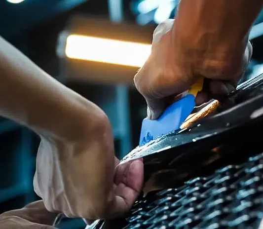 Technician trimming paint protection film edges near the grille at the System X Car Polish workshop