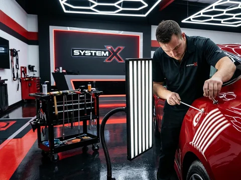 Paintless dent removal in progress at the System X Car Polish workshop in Dubai