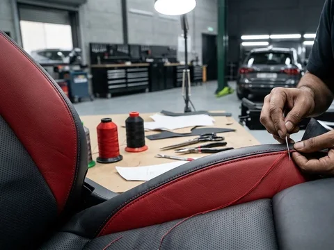 Stitching custom car seat upholstery at the System X Car Polish workshop in Dubai