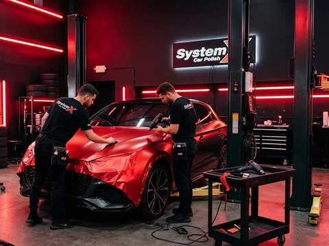 Technicians applying red vinyl wrap to a car at System X Car Polish in Al Quoz, Dubai