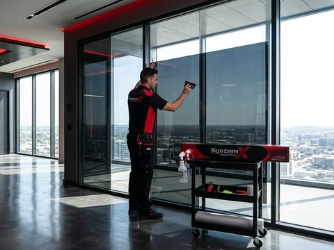 Technician applying window tint film in an office in Dubai