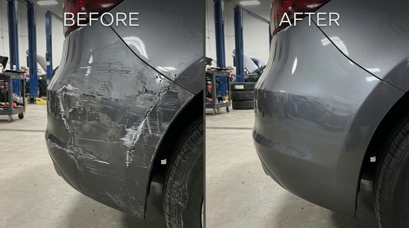Before and after a bumper scratch repair at the System X Car Polish workshop in Dubai