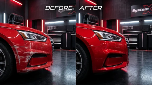 Before and after a bumper scratch repair at the System X Car Polish workshop in Dubai