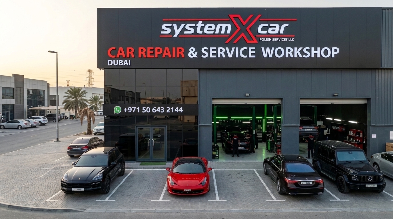 The System X Car Polish Services workshop exterior and forecourt in Al Quoz Industrial Area 2, Dubai