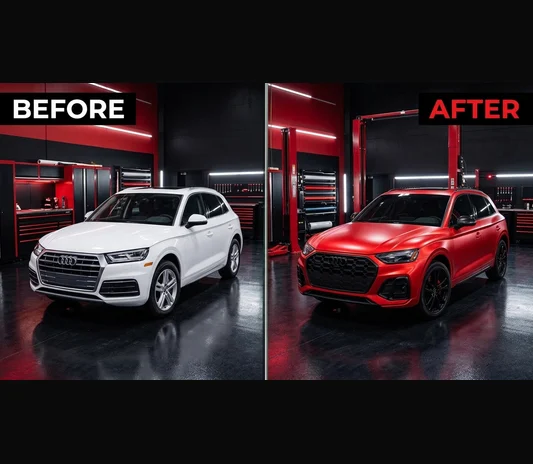 Before and after a full vinyl wrap at the System X Car Polish workshop in Dubai