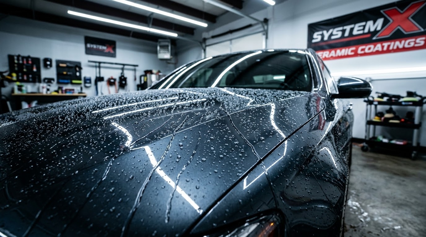 A freshly ceramic-coated car beading water at the System X Car Polish workshop in Al Quoz, Dubai