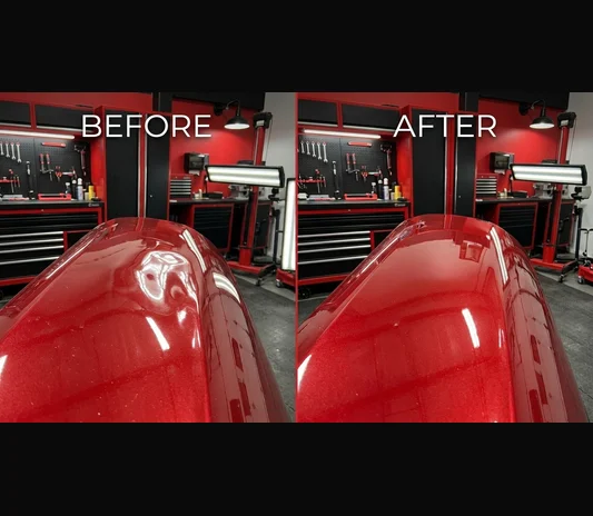 Before and after a car dent repair at the System X Car Polish workshop in Dubai