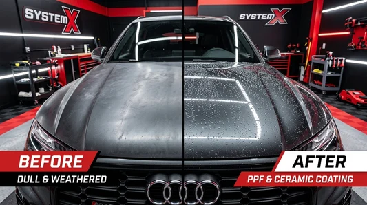 Before and after PPF and ceramic coating application at the System X Car Polish workshop in Dubai
