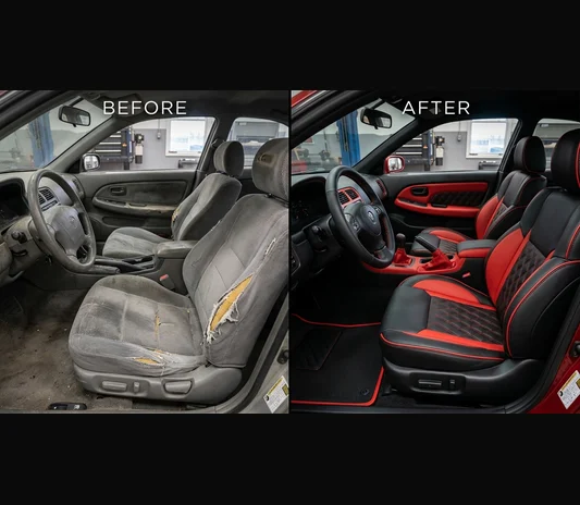Before and after a car seat upholstery upgrade at the System X Car Polish workshop in Dubai