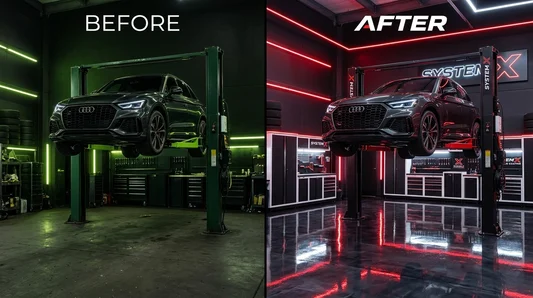 Before and after the System X Car Polish workshop upgrade in Al Quoz, Dubai