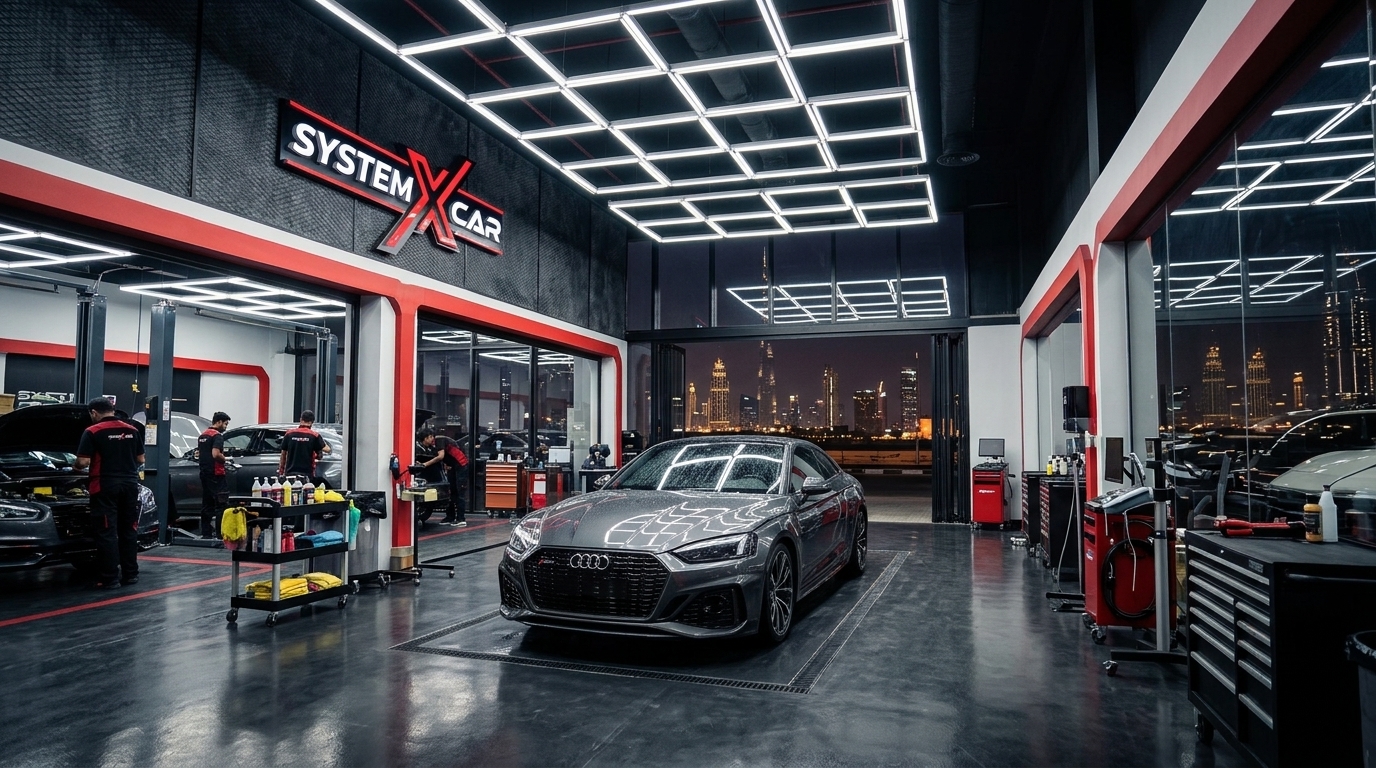 Inside the System X Car Polish workshop in Al Quoz, Dubai